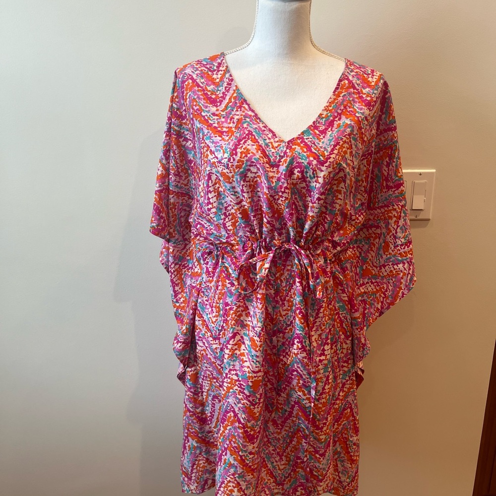 Pink and Orange Swim Coverup with V-Neck and Ruffled Sleeves